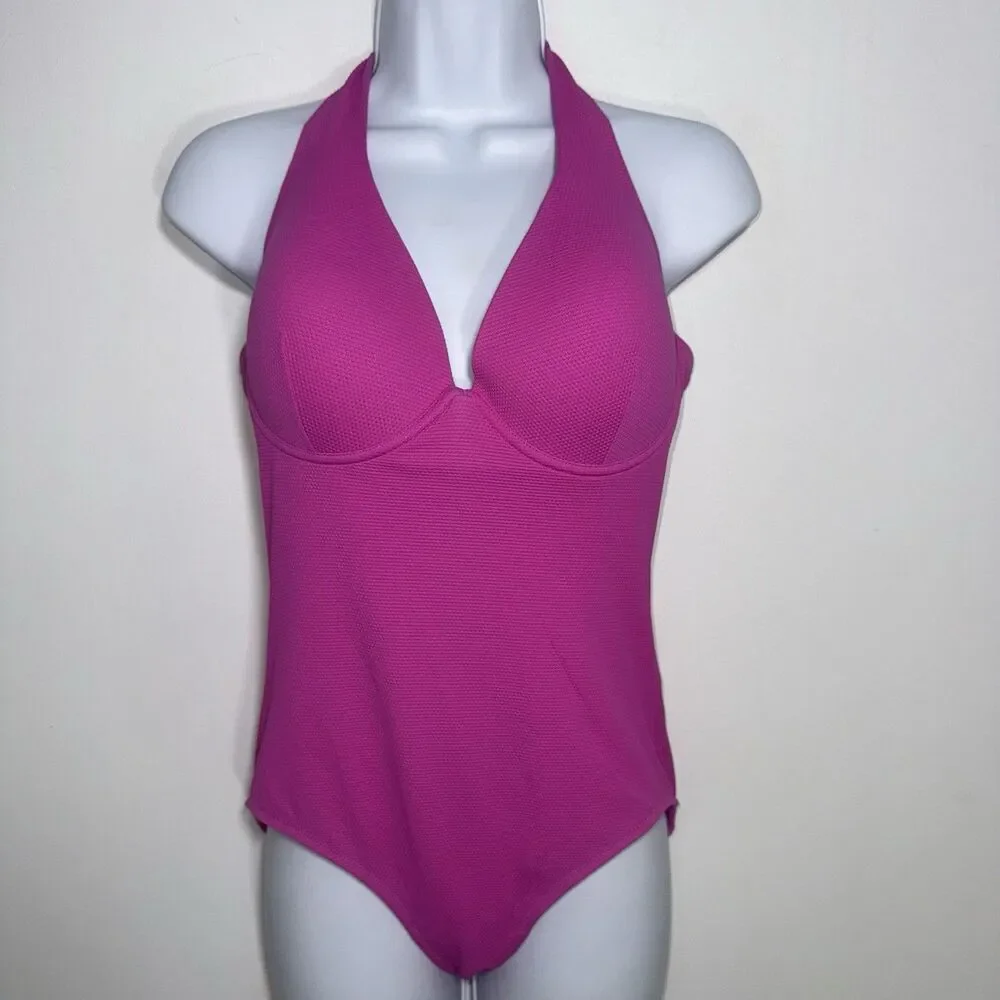 Boden Enhancer Swimsuit Amazing Pink Halter One Piece Women Size 34D Padded Cup